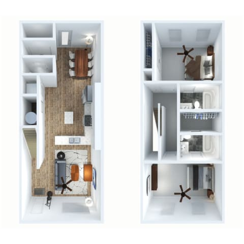 A floor plan of a house with two bedrooms and a living room.