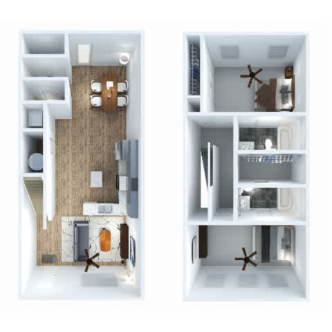 A floor plan of a two-bedroom apartment with a living room and kitchen.