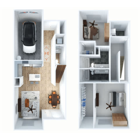 A top down view of a small apartment with a kitchen and living room.