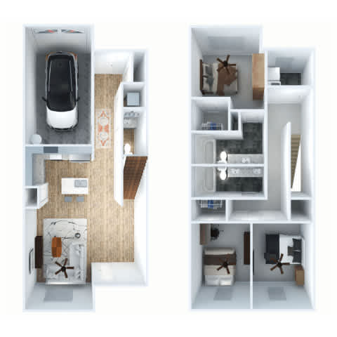 A diagram of a small apartment with a car in the garage.