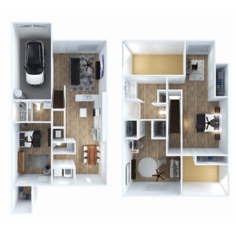 Two images of a dollhouse interior with furniture and decor.