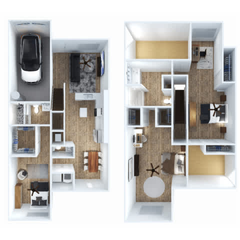 A floor plan of a two-bedroom apartment with a garage.