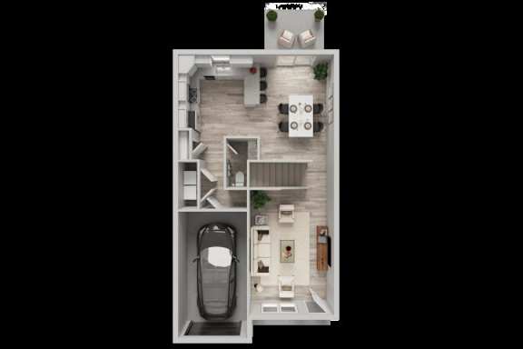 A top-down view of a small apartment with a kitchen, living room, and bathroom.