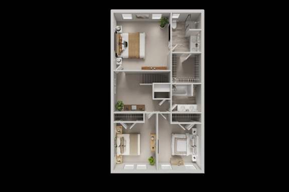 A top-down view of a small apartment with a kitchen, living room, and bathroom.