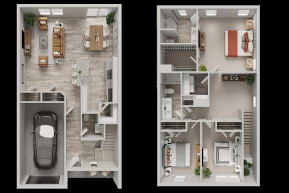 A floor plan of a two-story house with a garage and a living room on the first floor and a bedroom and bathroom on the second floor.
