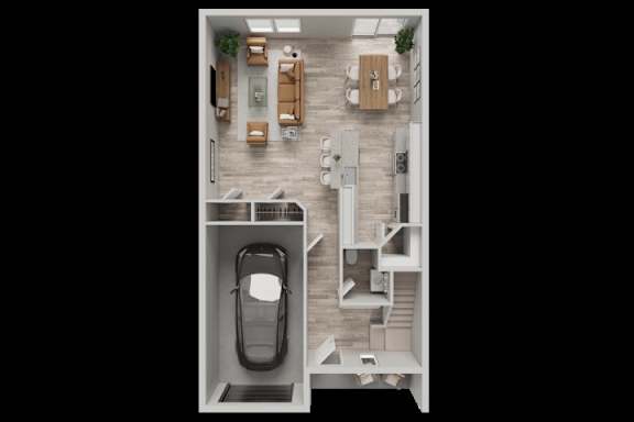 A top-down view of a small apartment with a kitchen, living room, and bathroom.