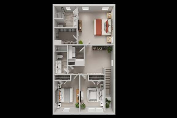 A top-down view of a house layout with a kitchen, living room, and bedrooms.