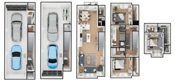 Four different floor plans of a house with a car parked in each.