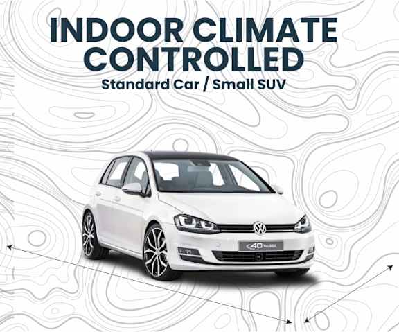 A white Volkswagen car with the text "INDOOR CLIMATE CONTROLLED" above it.