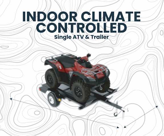 A black and red ATV is displayed on a white background with the title "INDOOR CLIMATE CONTROLLED" above it.
