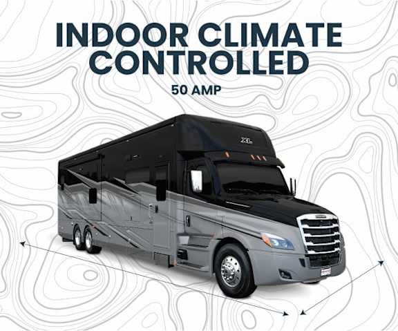 A black RV with the text "INDOOR CLIMATE CONTROLLED 50 AMP" on a white background with a topographic map design.