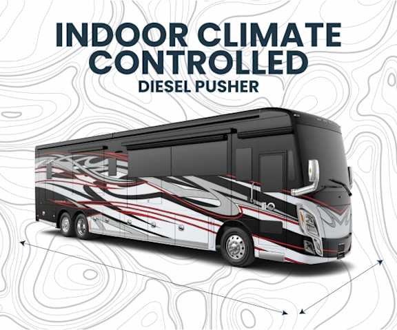 A black and white bus with the words "indoor climate controlled diesel pusher" written above it.