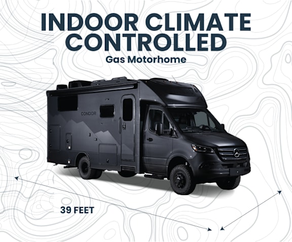 A black Mercedes-Benz Sprinter van with the text "INDOOR CLIMATE CONTROLLED Gas Motorhome" and "39 FEET" on a white background with a topographic map design.