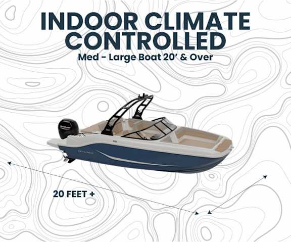 An image of a boat with the text "INDOOR CLIMATE CONTROLLED" and "Med - Large Boat 20' &amp; Over" displayed.