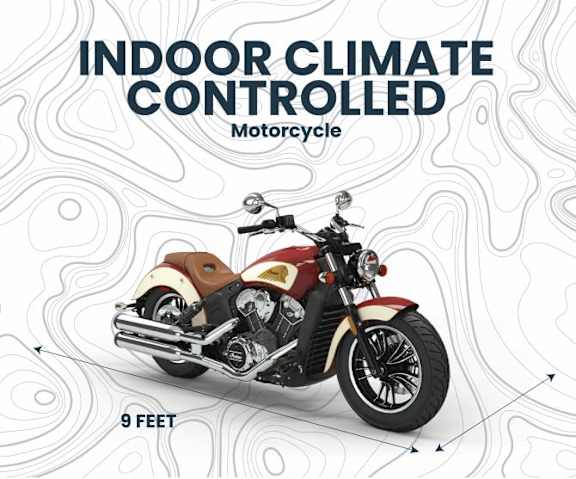 A motorcycle is displayed with the text "INDOOR CLIMATE CONTROLLED" above it.