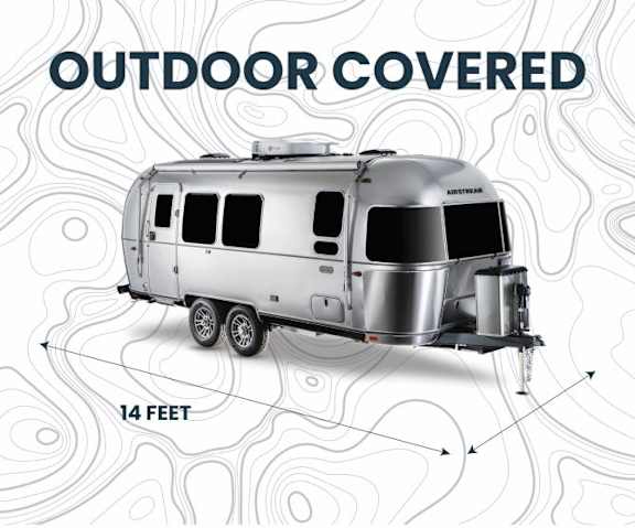 A silver camper van with the text "OUTDOOR COVERED" and "14 FEET" on a background of contour lines.