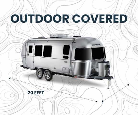 A silver Airstream trailer is displayed with the text "OUTDOOR COVERED" above it.
