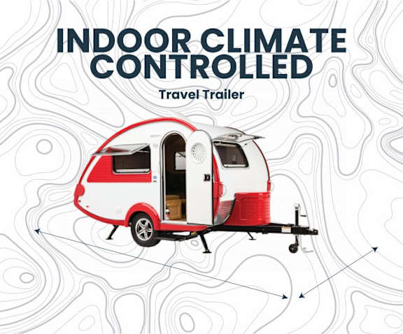 A red and white trailer with the words "INDOOR CLIMATE CONTROLLED" written above it.