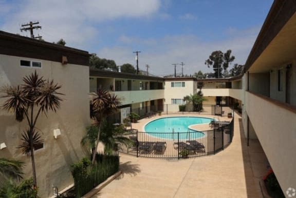 an aerial view of a pool in the backyard of a building