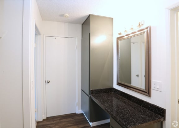 a bathroom with a sink and a mirror