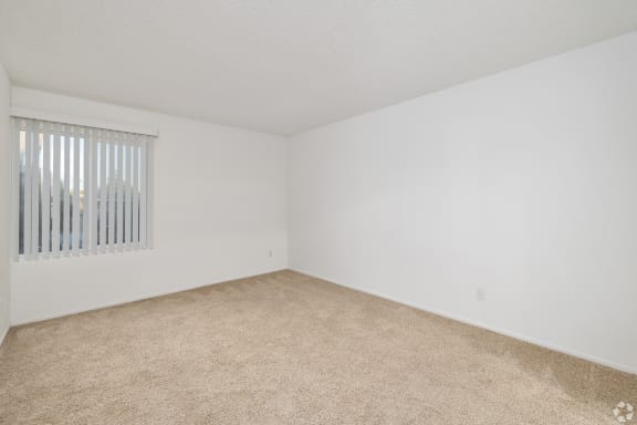 an empty bedroom with a window and carpeting