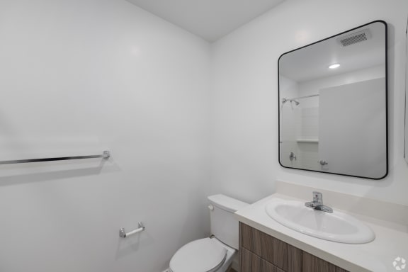 a bathroom with a mirror and a toilet and a sink