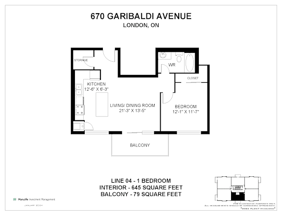 A floor plan for a property at 670 Garibaldi Avenue in London, Ontario, showing the layout of the bedrooms, living room, kitchen, and balcony.