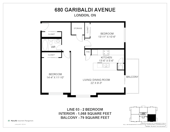 A floor plan for a property at 680 Garibaldi Avenue in London, Ontario, showing the layout of the bedrooms, living room, kitchen, and balcony.