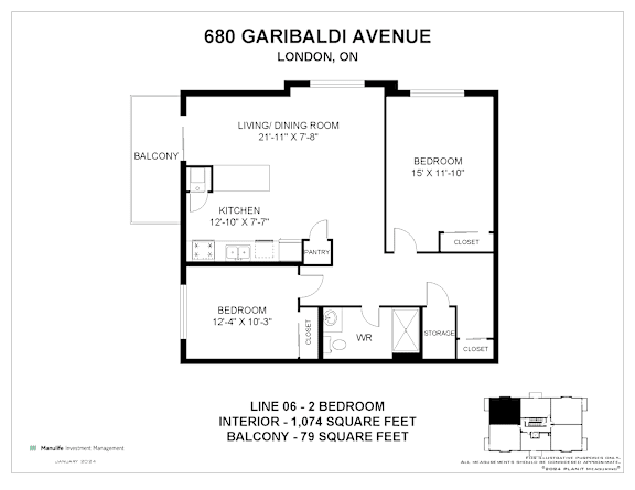 A floor plan for a property at 680 Garibaldi Avenue in London, Ontario, showing the layout of the bedrooms, living room, kitchen, and storage closet.