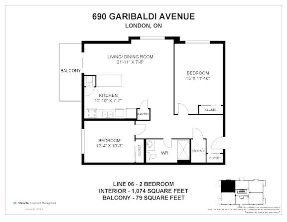 A floor plan for a property at 690 Garibaldi Avenue in London, Ontario, showing the layout of the bedrooms, living room, and kitchen.