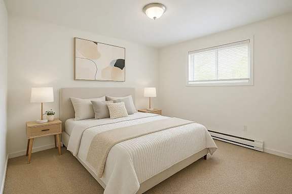 A bedroom with a large bed and a painting on the wall.