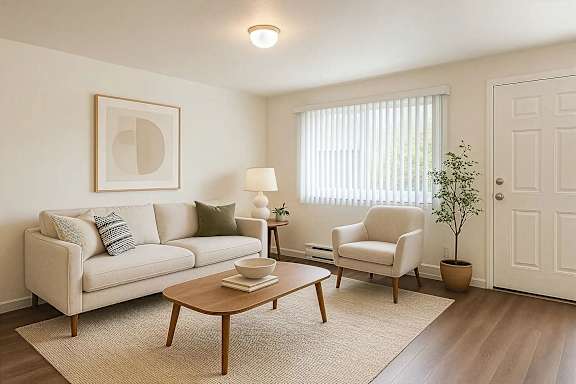 A living room with a couch, chair, and table.