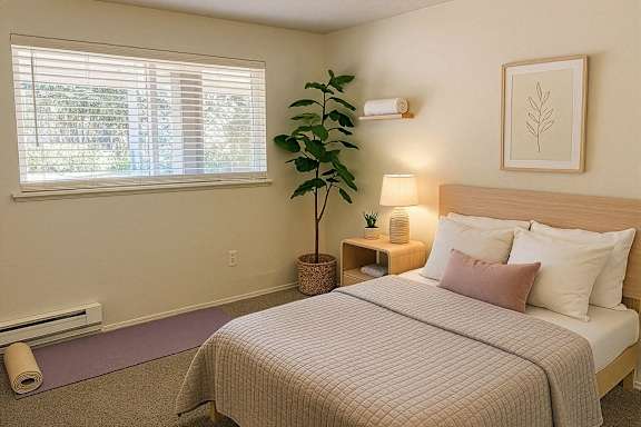 A bedroom with a bed, nightstand, and a plant.