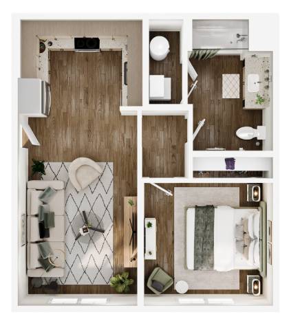 A top-down view of a small apartment with a kitchen, bathroom, and living room.