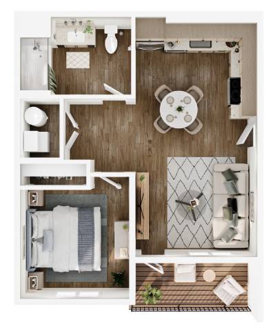 A top-down view of a small apartment with a kitchen, living room, and bathroom.