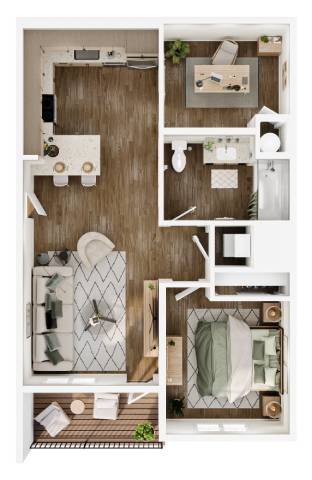 A top-down view of a small apartment with a kitchen, living room, and bathroom.