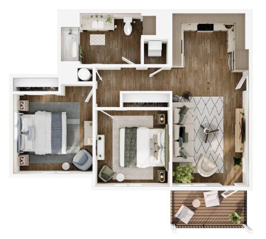 A floor plan of a small apartment with a kitchen, living room, and bathroom.