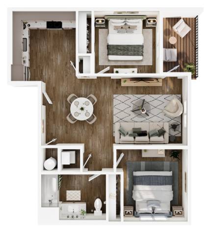 A top-down view of a room with a bed, a desk, a chair, a couch, a potted plant, and a rug.