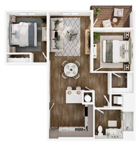A top-down view of a small apartment with a kitchen, living room, and bathroom.