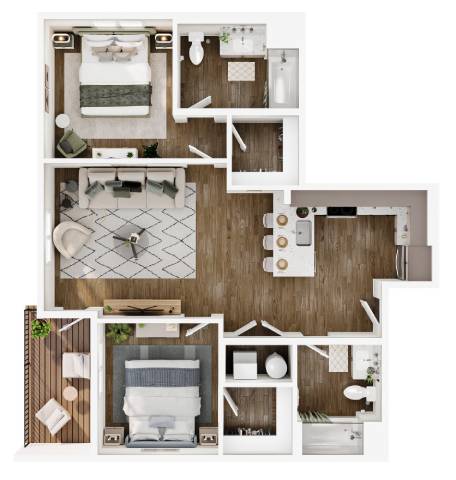 A floor plan of a house with a kitchen, living room, and two bedrooms.