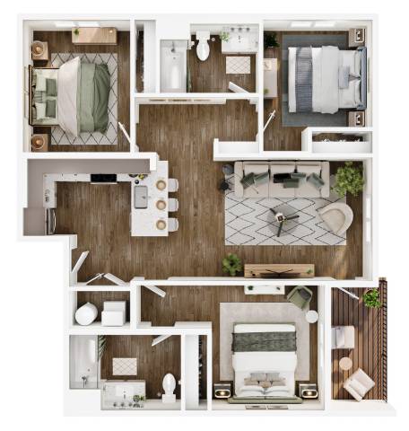 A top-down view of a small apartment with a kitchen, living room, and bathroom.