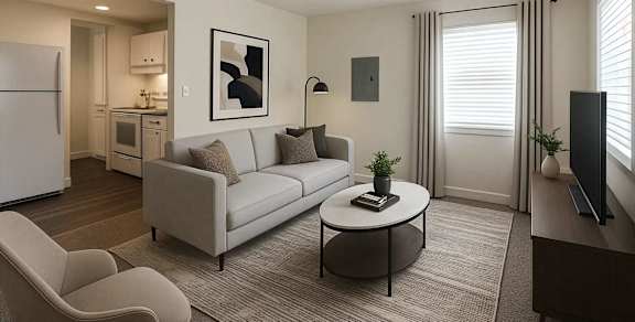 A modern living room with a white sofa, a grey armchair, and a coffee table.