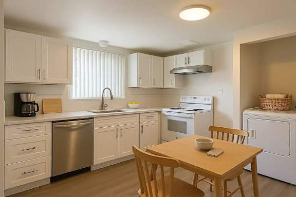 A kitchen with a table and chairs.