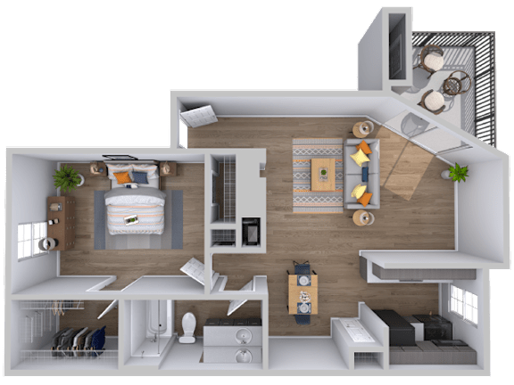 Floor Plan  One bedroom 1 bath floorplan with balcony at Skyline at Barton Creek Apartments, Austin, TX