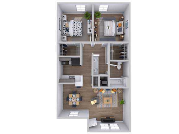 Floor Plan  Two bedroom 2 bathroom floorplan with balcony at Skyline at Barton Creek Apartments, Austin, Texas