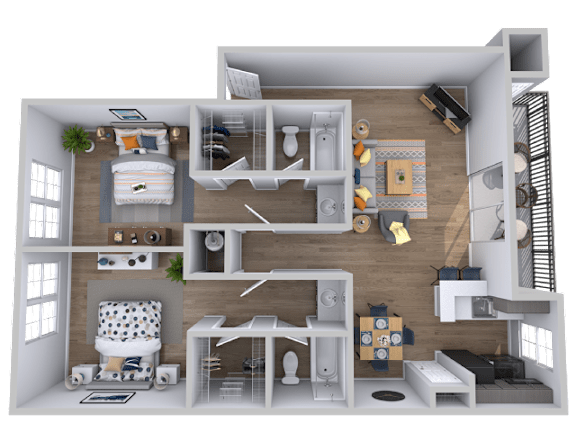 Floor Plan  2 bedroom 2 bath floorplan with balcony at Skyline at Barton Creek Apartments, Texas