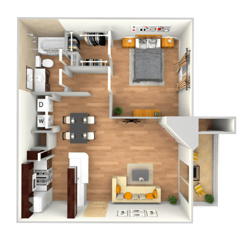 One bedroom 1 bathroom floorplan with balcony at Twenty 15 Apartments, Austin, Texas