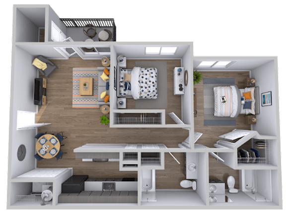 Two bedroom two bath floorplan with balcony at Radius at the Domain Apartments, Austin, TX 78758