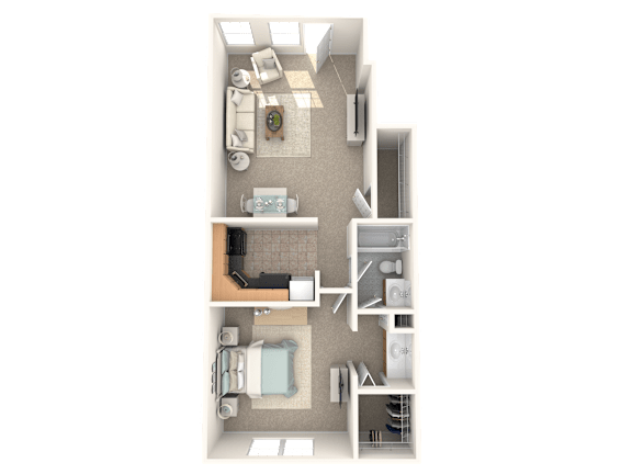 A floor plan of a small apartment with a kitchen, living room, and bathroom.