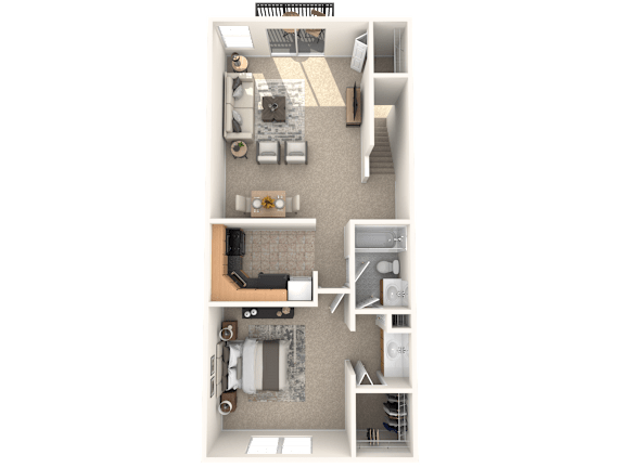 A floor plan of a house with a kitchen, living room, and bathroom.